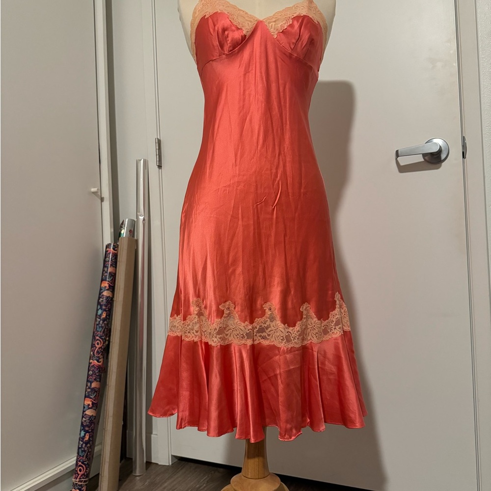 Vintage Coral Satin Slip Dress with Lace Trim
